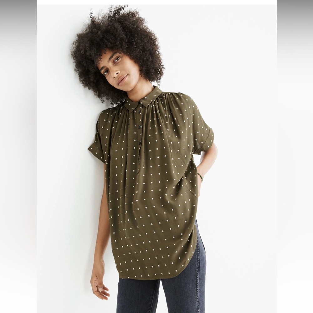Madewell Central Drapey Popover Shirt in Grid Dot - Kale color - Small